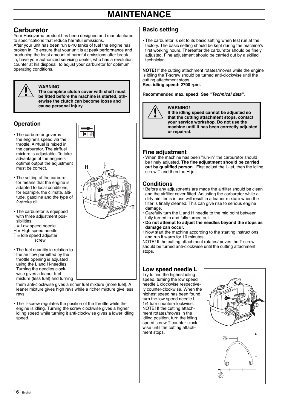 Maintenance, Carburetor | Husqvarna 323E User Manual | Page 16 / 24