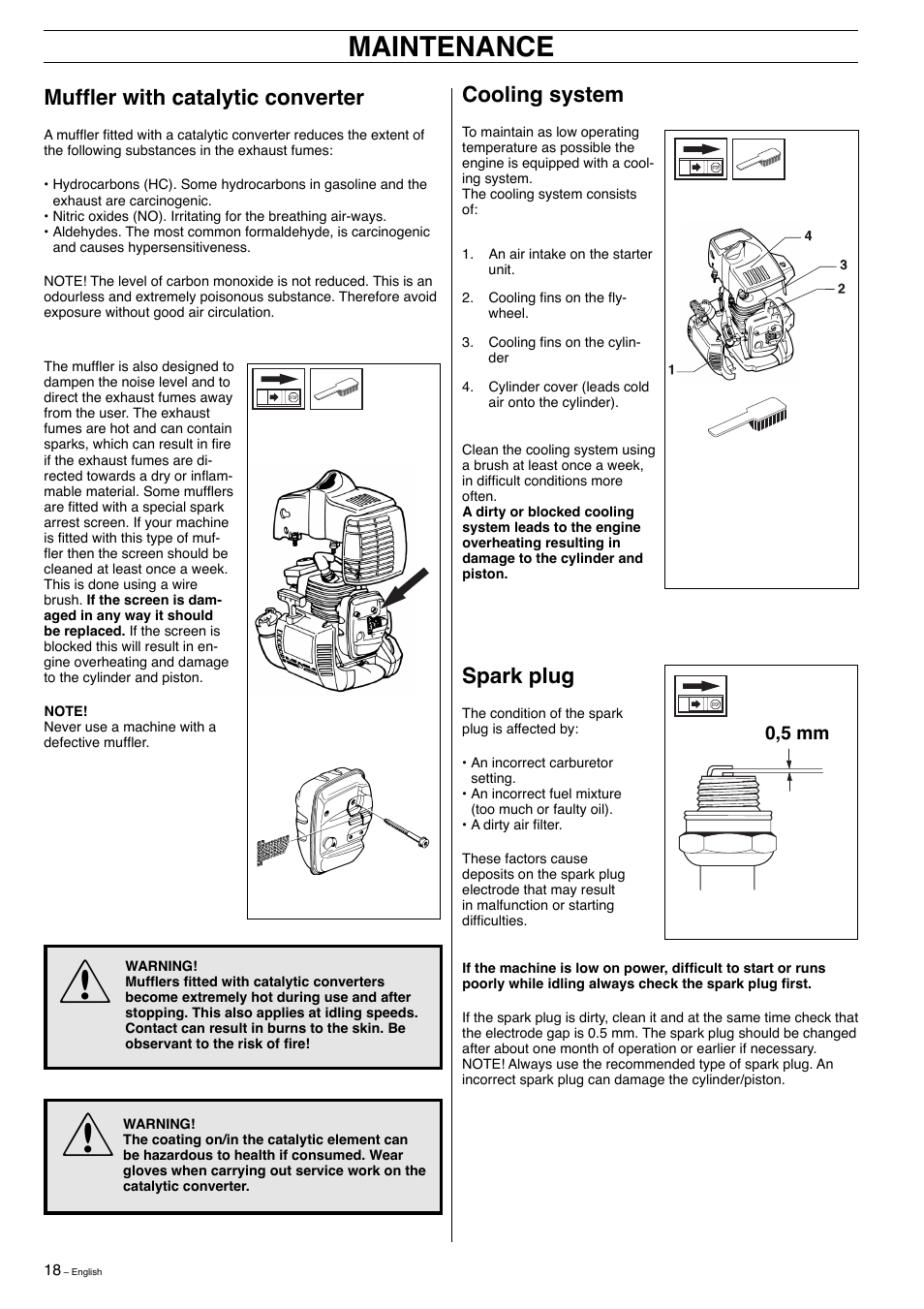 Maintenance, Muffl er with catalytic converter, Cooling system | Spark plug | Husqvarna 323E User Manual | Page 18 / 24