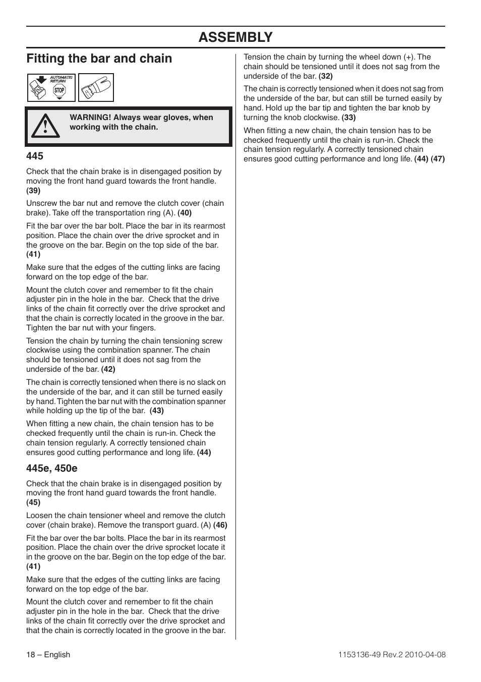 Fitting the bar and chain, 445e, 450e, Assembly | Husqvarna 1153136-49 User Manual | Page 18 / 100