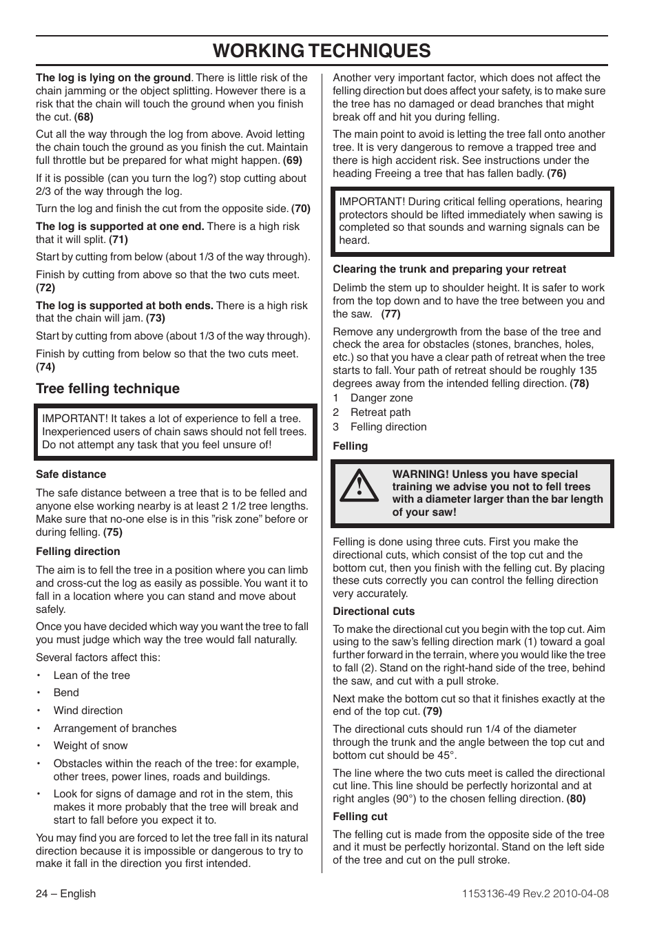 Tree felling technique, Working techniques | Husqvarna 1153136-49 User Manual | Page 24 / 100