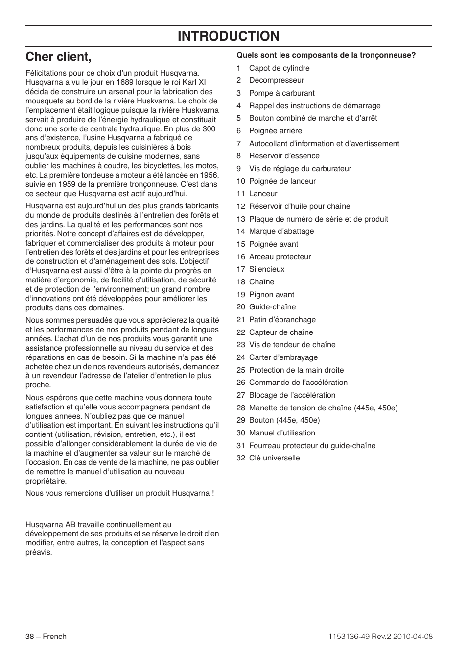 Cher client, Introduction | Husqvarna 1153136-49 User Manual | Page 38 / 100