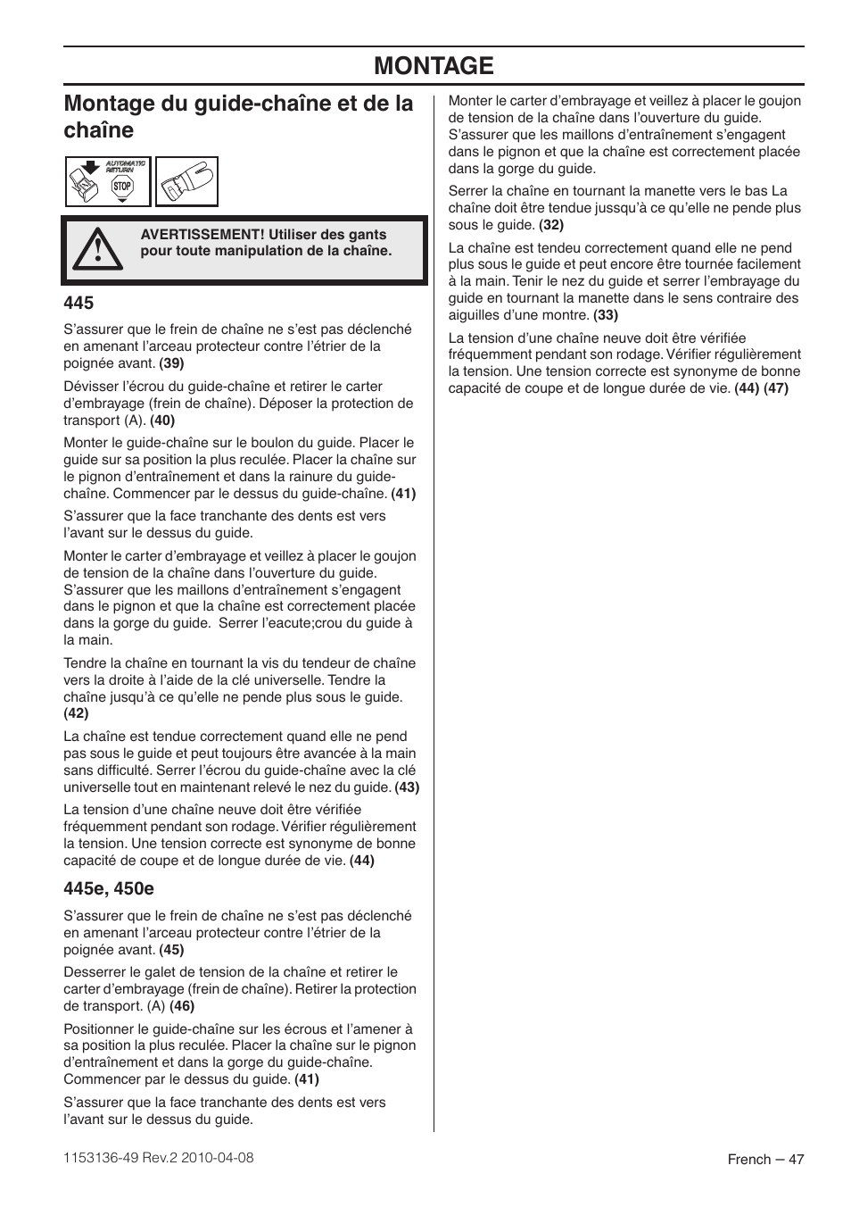 Montage du guide-chaîne et de la chaîne, 445e, 450e, Montage | Husqvarna 1153136-49 User Manual | Page 47 / 100