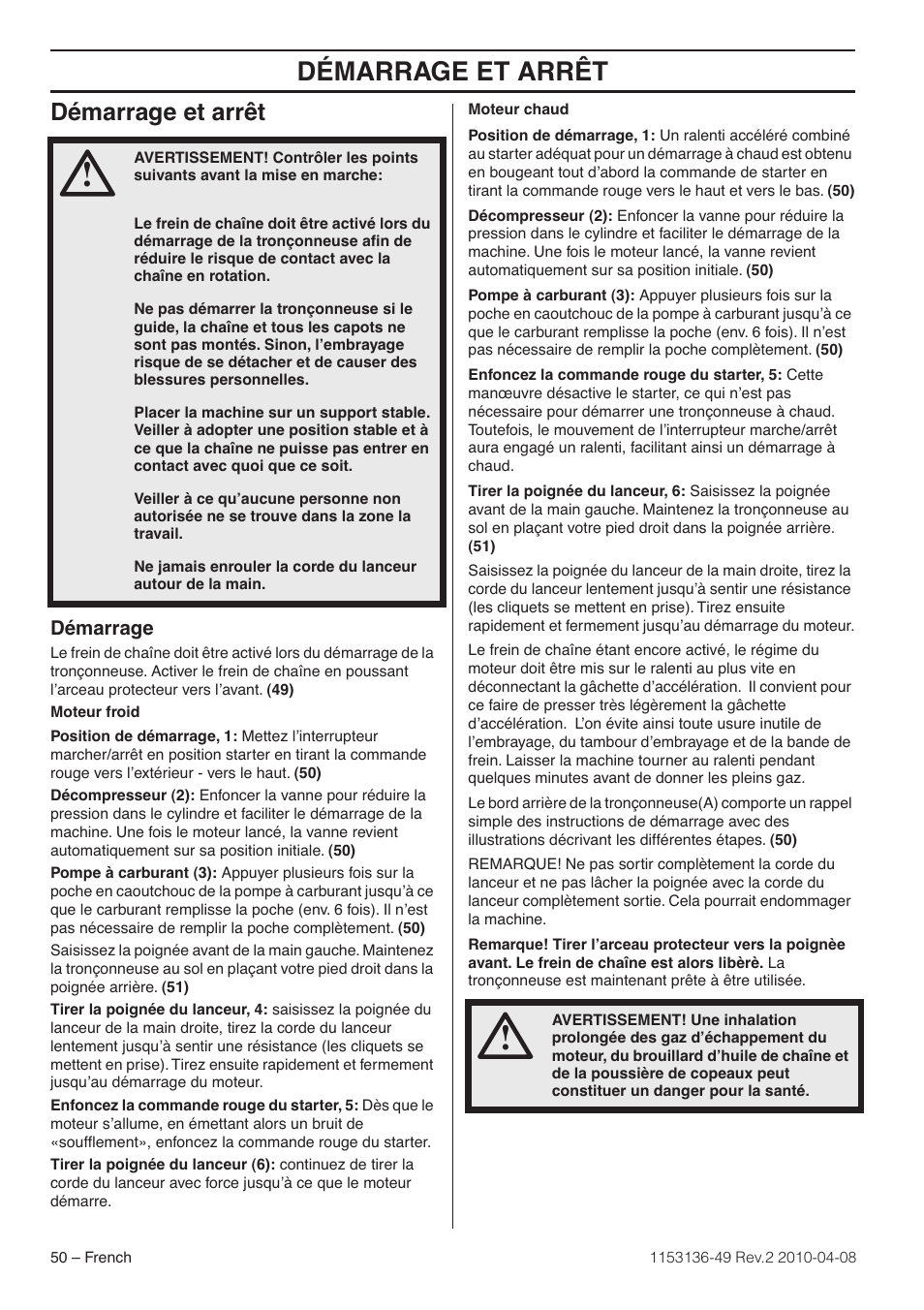 Démarrage et arrêt, Démarrage | Husqvarna 1153136-49 User Manual | Page 50 / 100