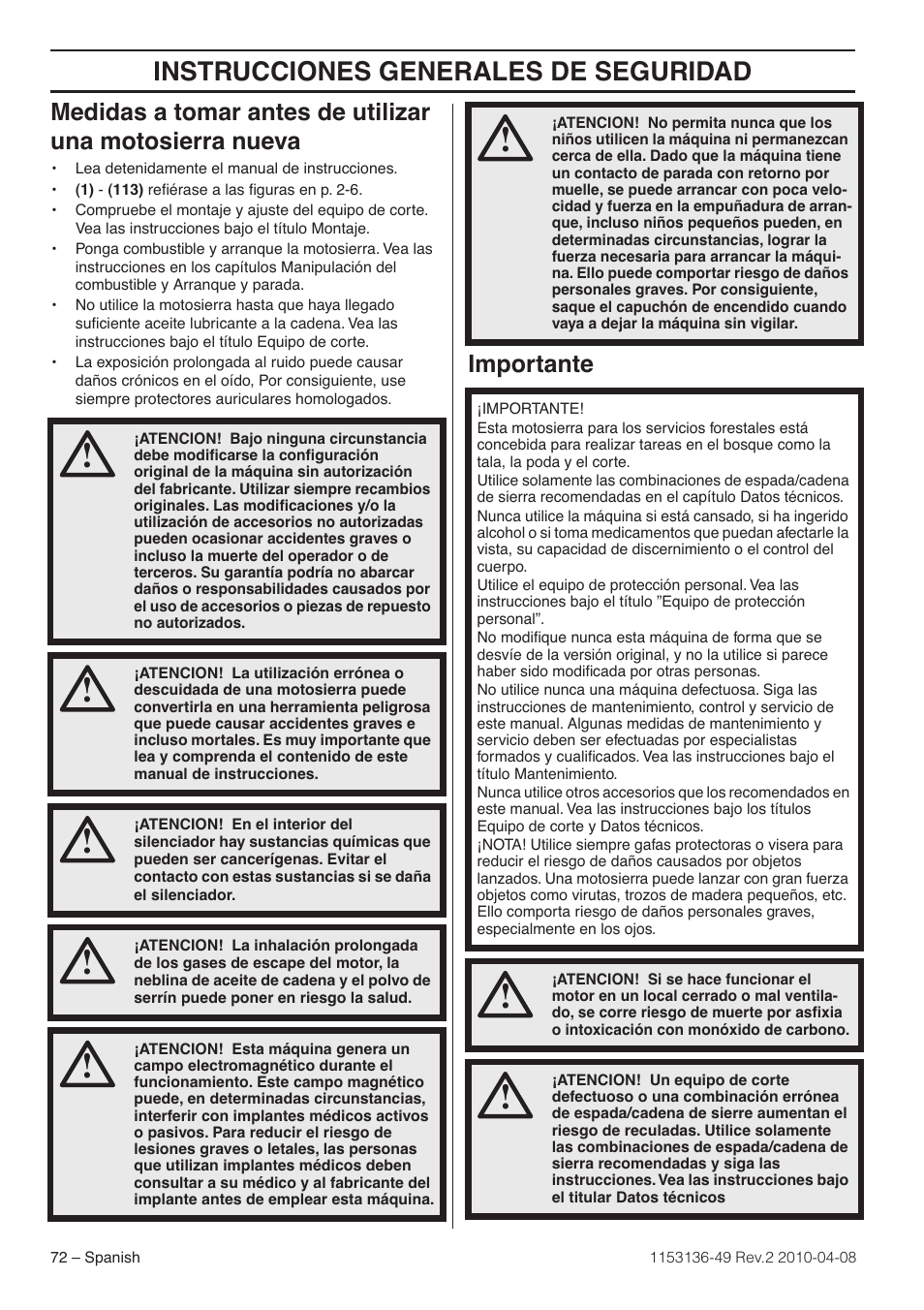 Importante, Instrucciones generales de seguridad | Husqvarna 1153136-49 User Manual | Page 72 / 100
