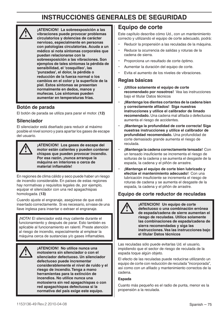 Botón de parada, Silenciador, Equipo de corte | Reglas básicas, Equipo de corte reductor de reculadas, Instrucciones generales de seguridad | Husqvarna 1153136-49 User Manual | Page 75 / 100