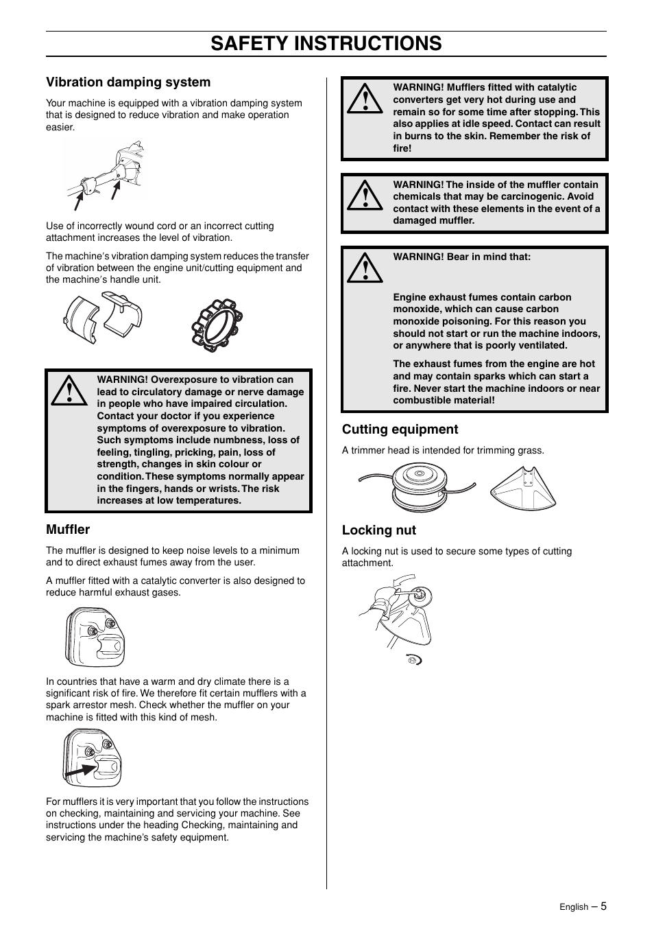 Vibration damping system, Muffler, Cutting equipment | Locking nut, Safety instructions | Husqvarna 324L User Manual | Page 5 / 28