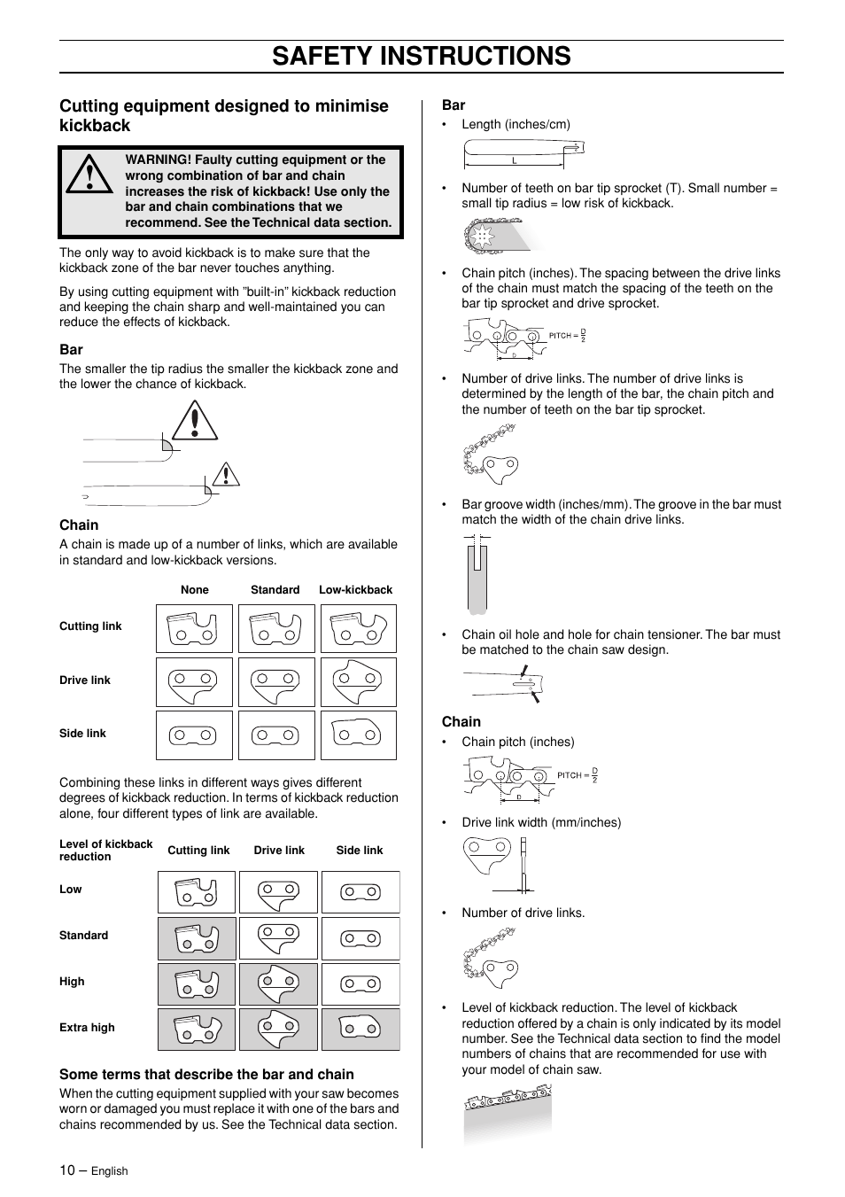 Cutting equipment designed to minimise kickback, Safety instructions | Husqvarna TAC 345 User Manual | Page 10 / 36