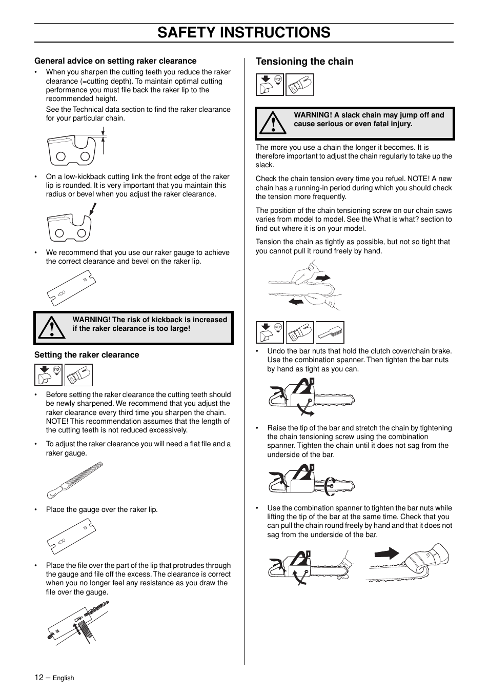 Tensioning the chain, Safety instructions | Husqvarna TAC 345 User Manual | Page 12 / 36