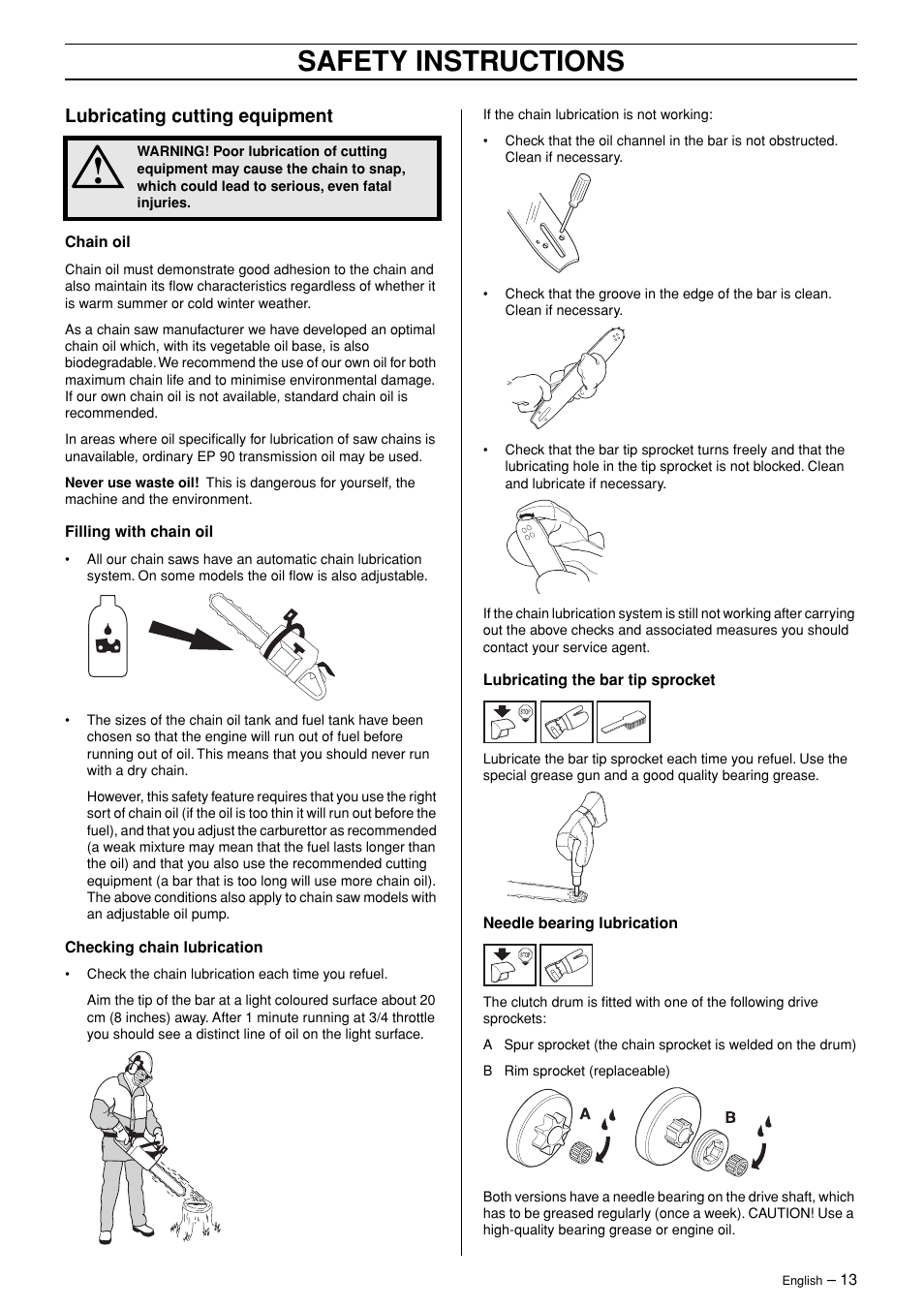 Lubricating cutting equipment, Safety instructions | Husqvarna TAC 345 User Manual | Page 13 / 36