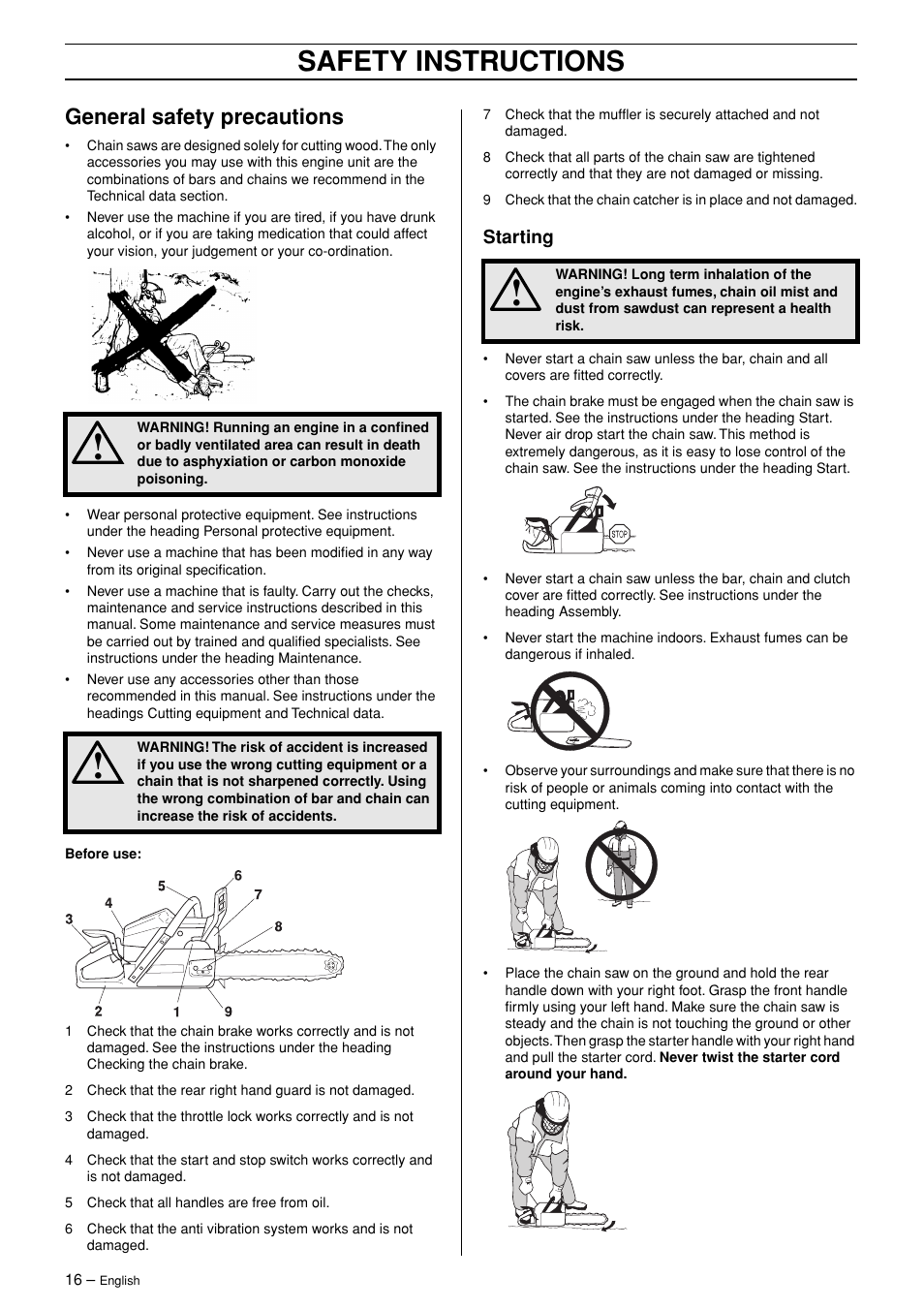 General safety precautions, Starting, Safety instructions | Husqvarna TAC 345 User Manual | Page 16 / 36