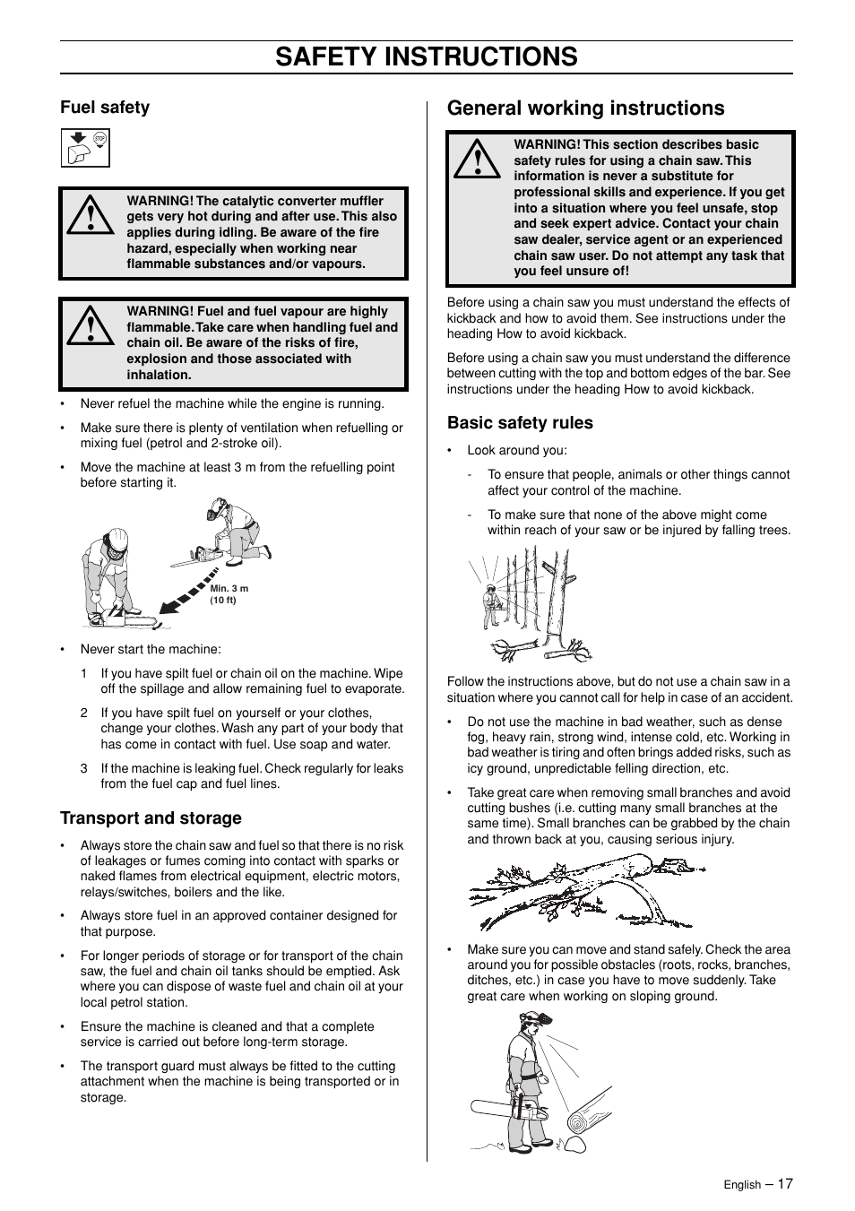 Fuel safety, Transport and storage, General working instructions | Basic safety rules, Safety instructions | Husqvarna TAC 345 User Manual | Page 17 / 36