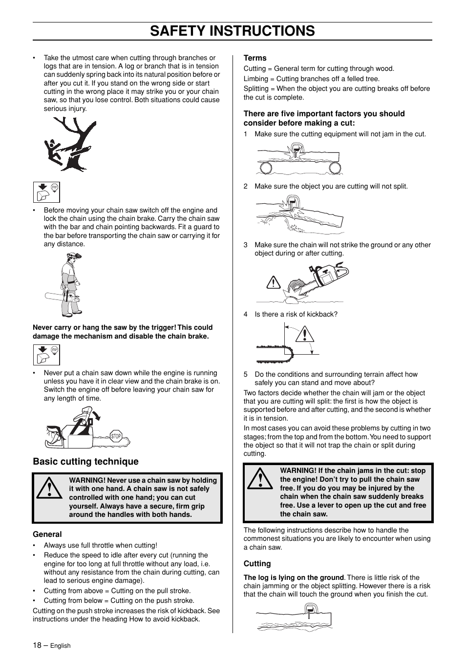 Basic cutting technique, Safety instructions | Husqvarna TAC 345 User Manual | Page 18 / 36