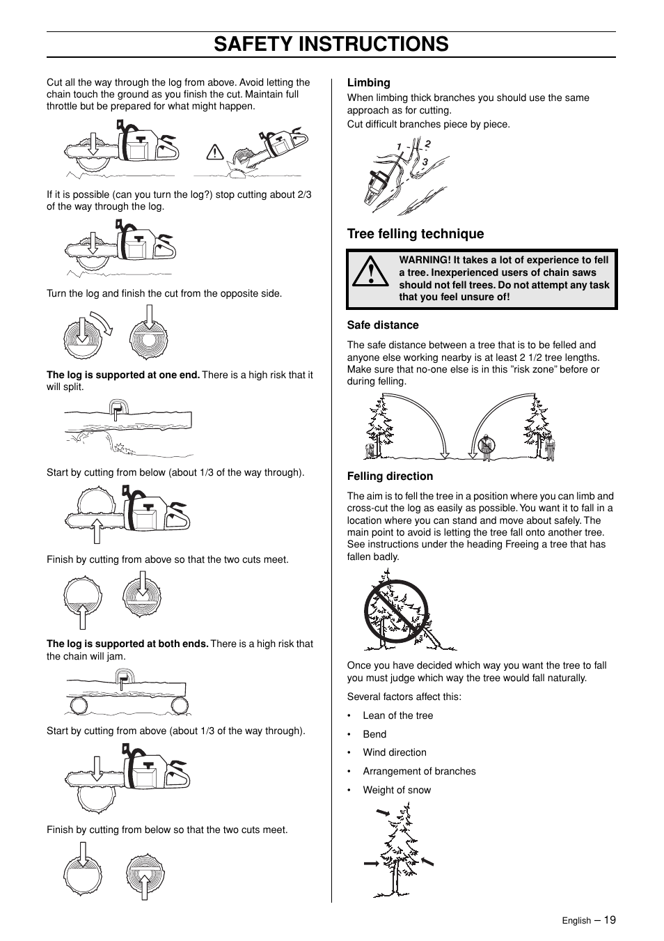 Tree felling technique, Safety instructions | Husqvarna TAC 345 User Manual | Page 19 / 36