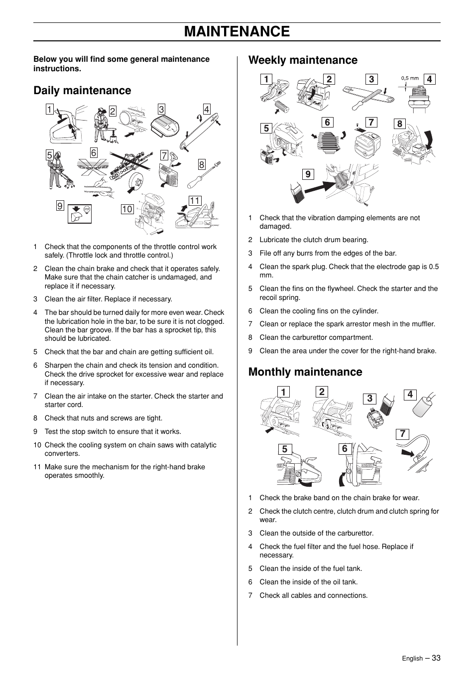 Daily maintenance, Weekly maintenance, Monthly maintenance | Maintenance | Husqvarna TAC 345 User Manual | Page 33 / 36