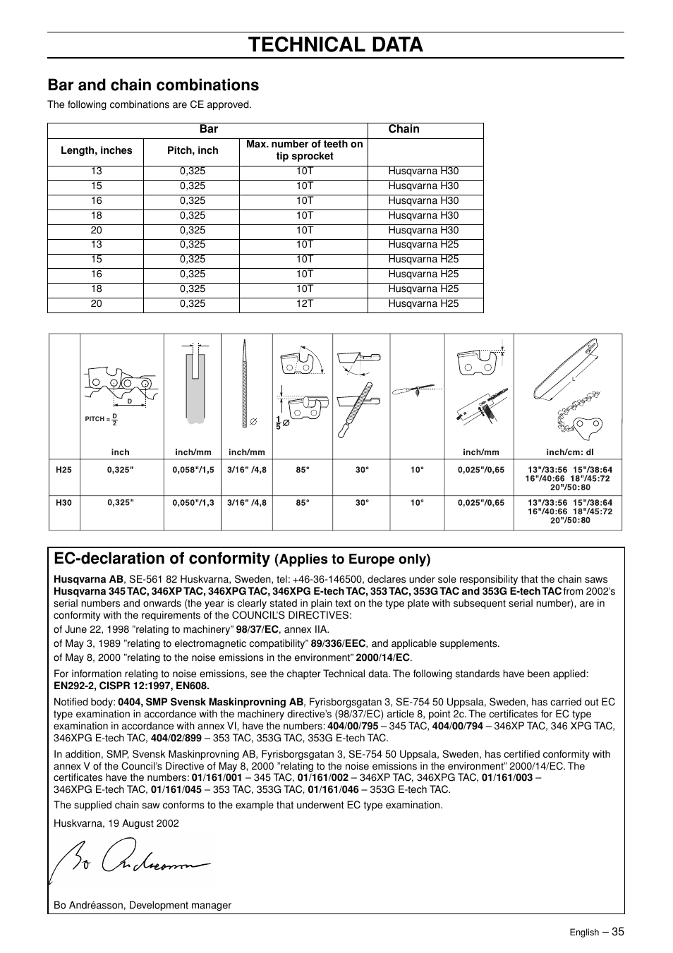 Bar and chain combinations, Husqvarna ab, Technical data | Ec-declaration of conformity, Applies to europe only) | Husqvarna TAC 345 User Manual | Page 35 / 36
