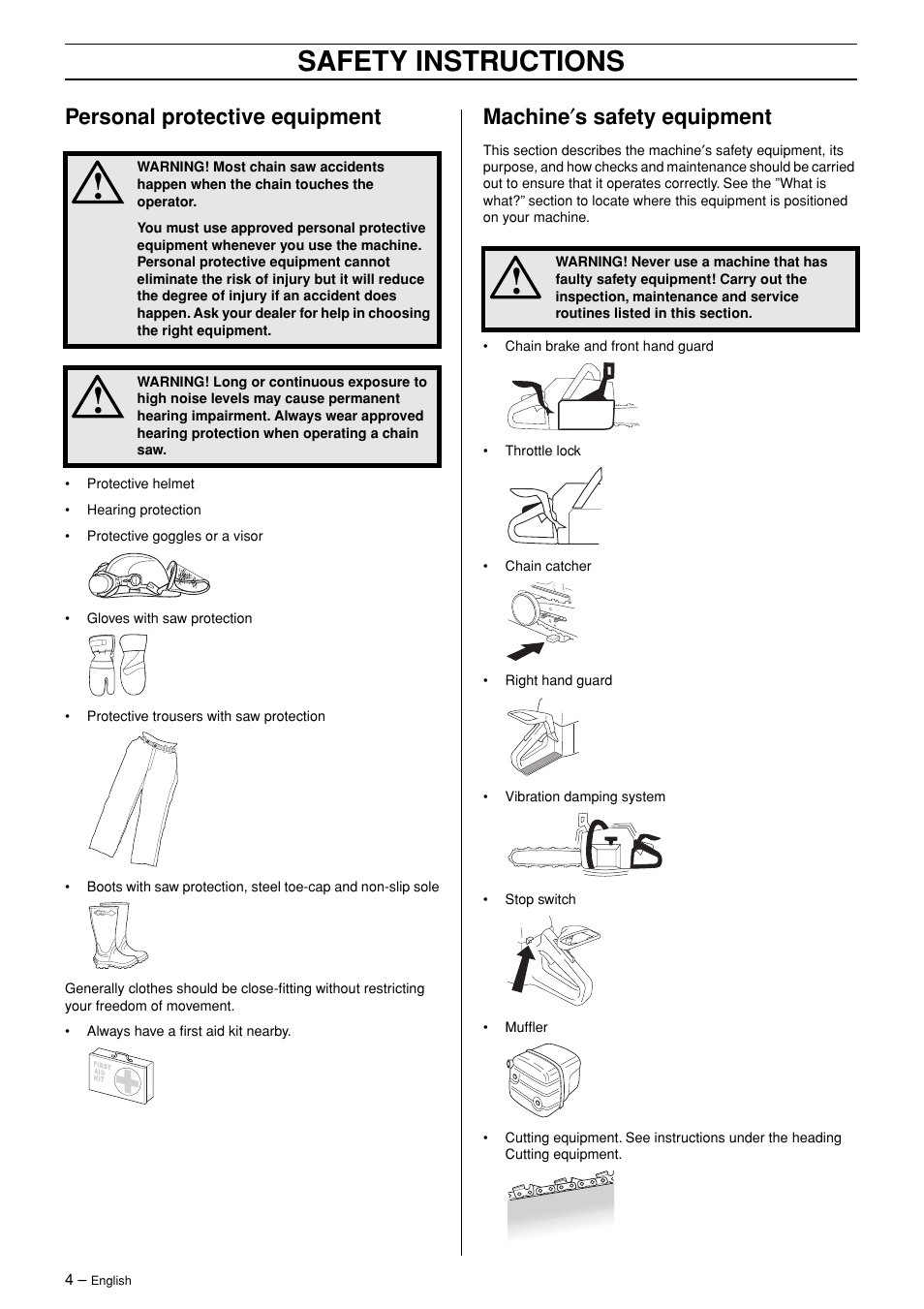 Personal protective equipment, Machine¢s safety equipment, Safety instructions | Machine ′ s safety equipment | Husqvarna TAC 345 User Manual | Page 4 / 36