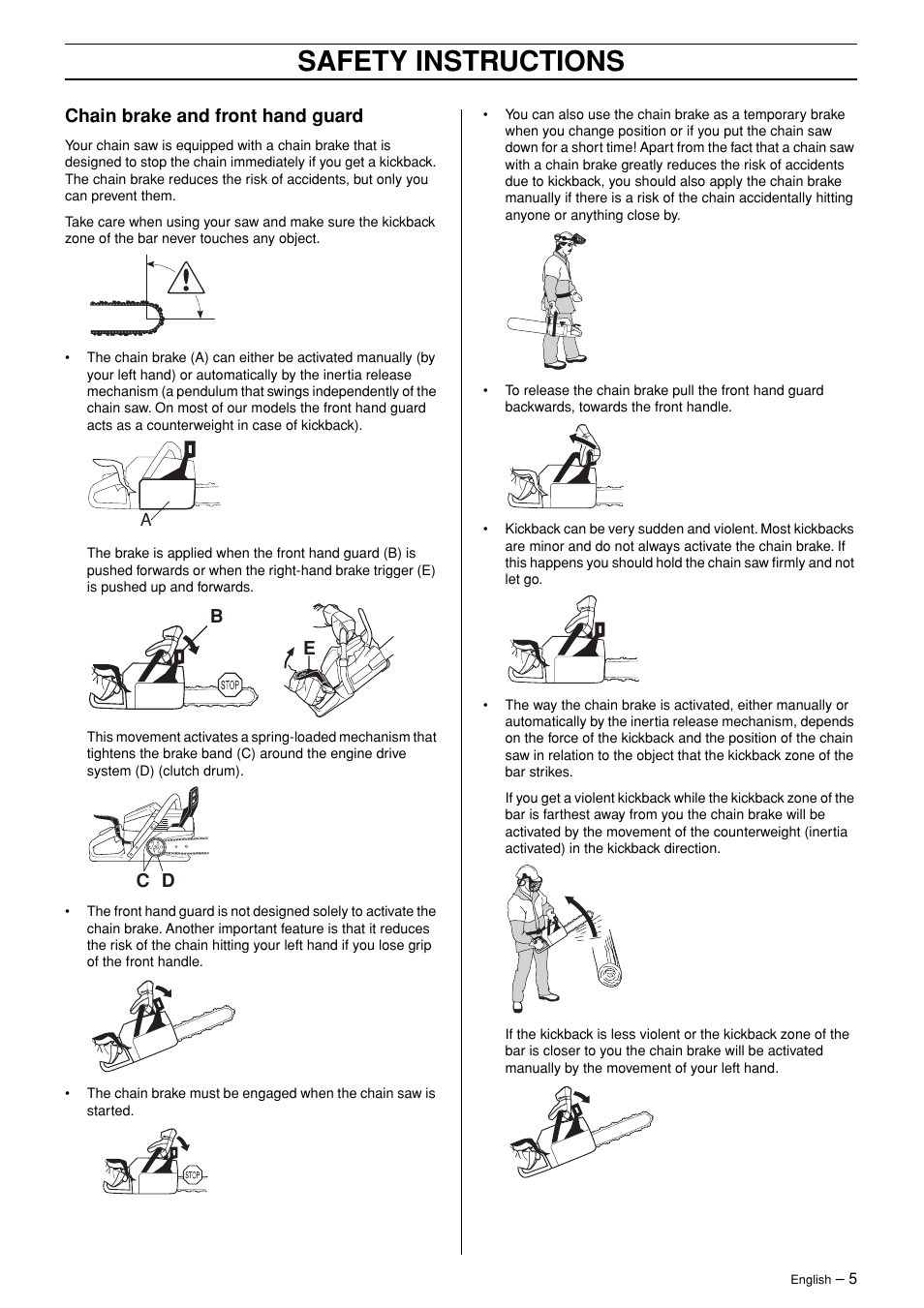 Chain brake and front hand guard, Safety instructions | Husqvarna TAC 345 User Manual | Page 5 / 36