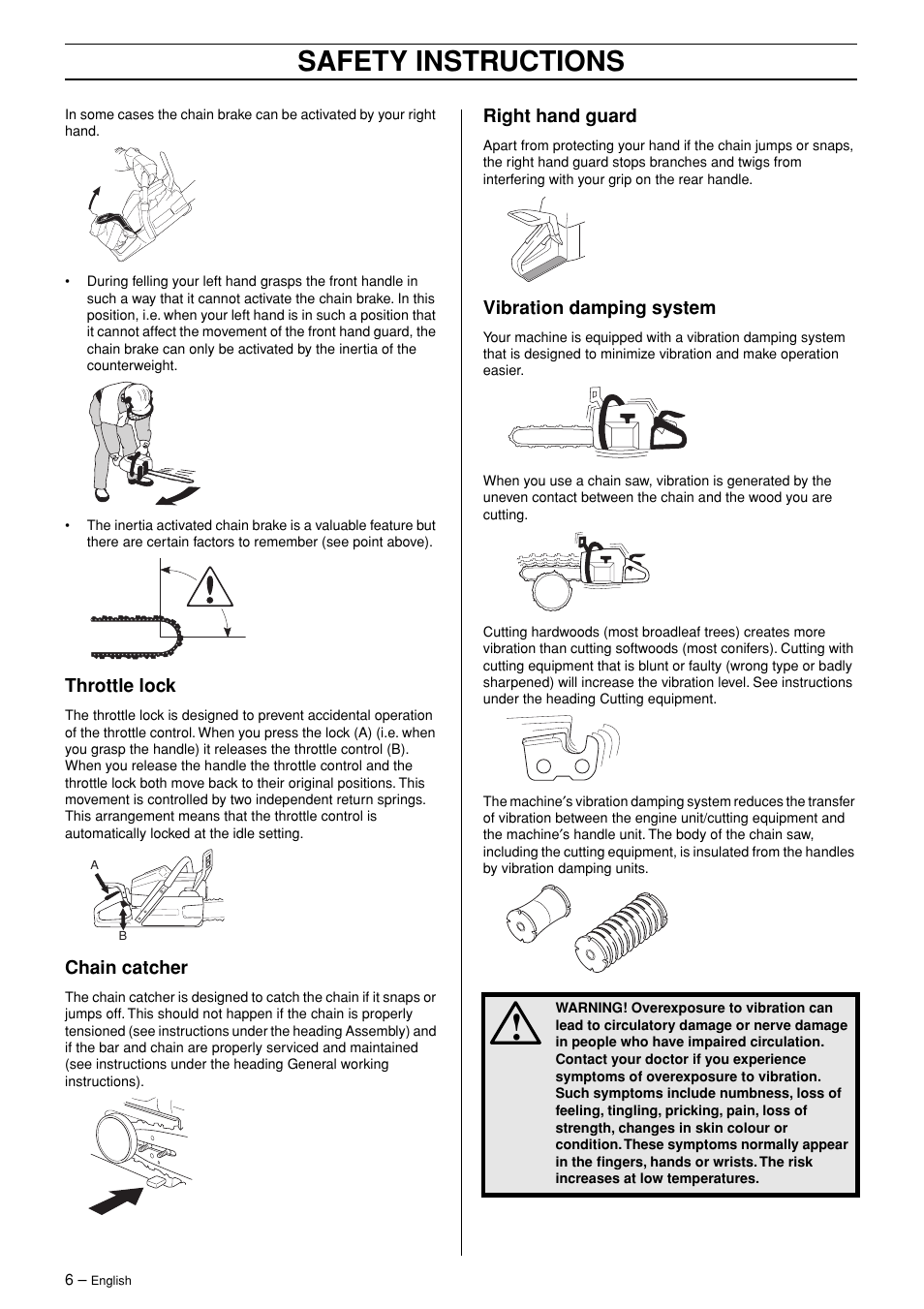 Throttle lock, Chain catcher, Right hand guard | Vibration damping system, Safety instructions | Husqvarna TAC 345 User Manual | Page 6 / 36