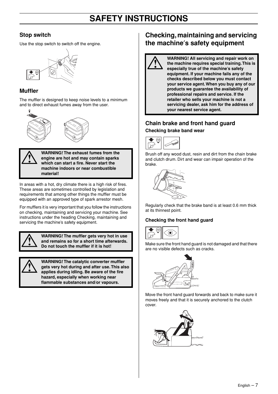 Stop switch, Muffler, Chain brake and front hand guard | Safety instructions | Husqvarna TAC 345 User Manual | Page 7 / 36