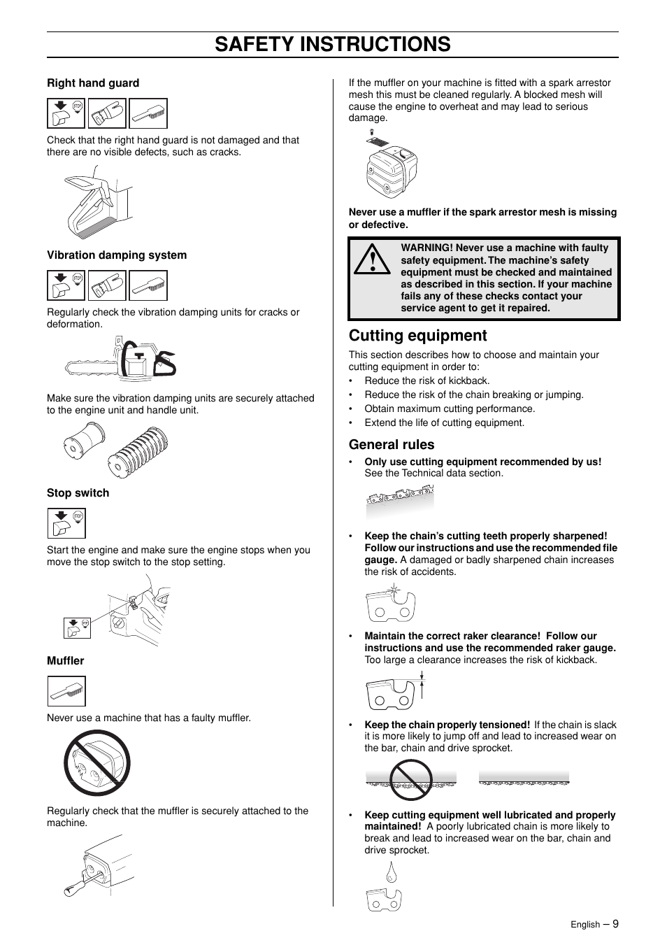 Cutting equipment, General rules, Safety instructions | Husqvarna TAC 345 User Manual | Page 9 / 36