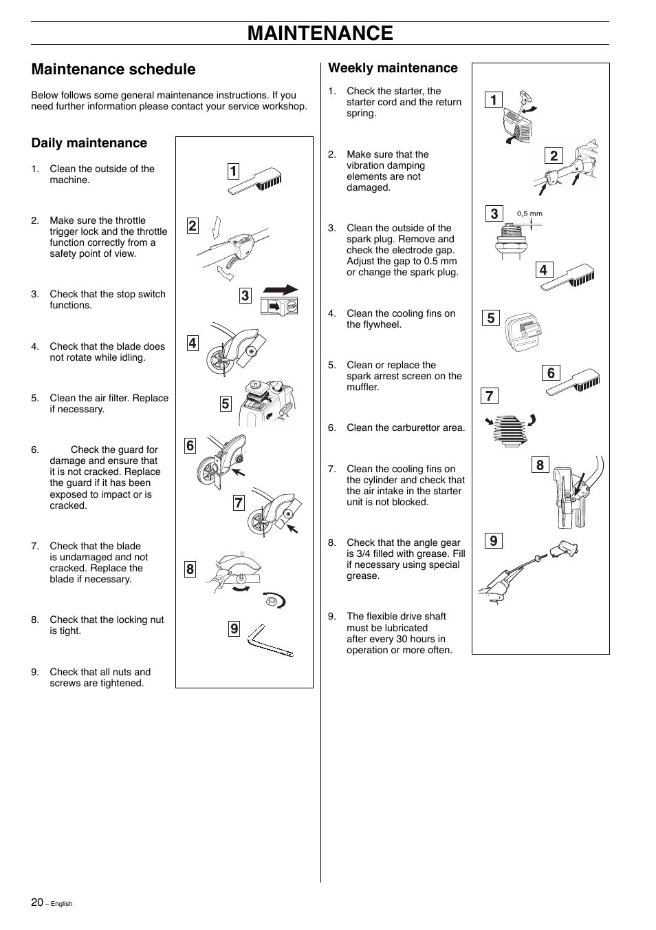 Maintenance, Maintenance schedule, Weekly maintenance | Daily maintenance | Husqvarna 323E User Manual | Page 20 / 24