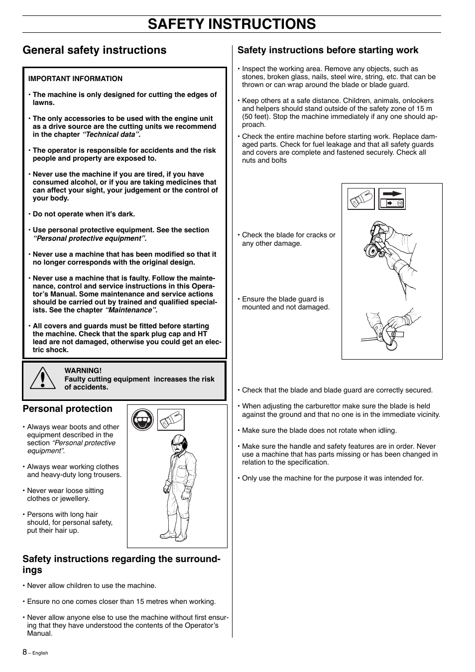 Safety instructions, General safety instructions, Safety instructions before starting work | Personal protection, Safety instructions regarding the surround- ings | Husqvarna 323E User Manual | Page 8 / 24
