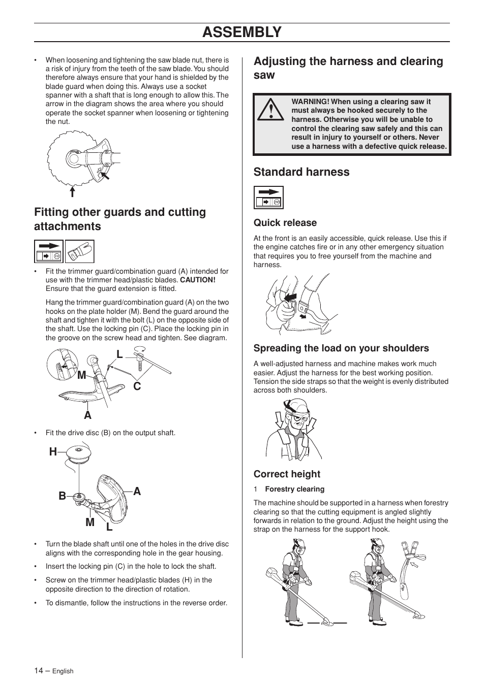 Fitting other guards and cutting attachments, Adjusting the harness and clearing saw, Standard harness | Quick release, Spreading the load on your shoulders, Correct height, Assembly | Husqvarna 335R User Manual | Page 14 / 40