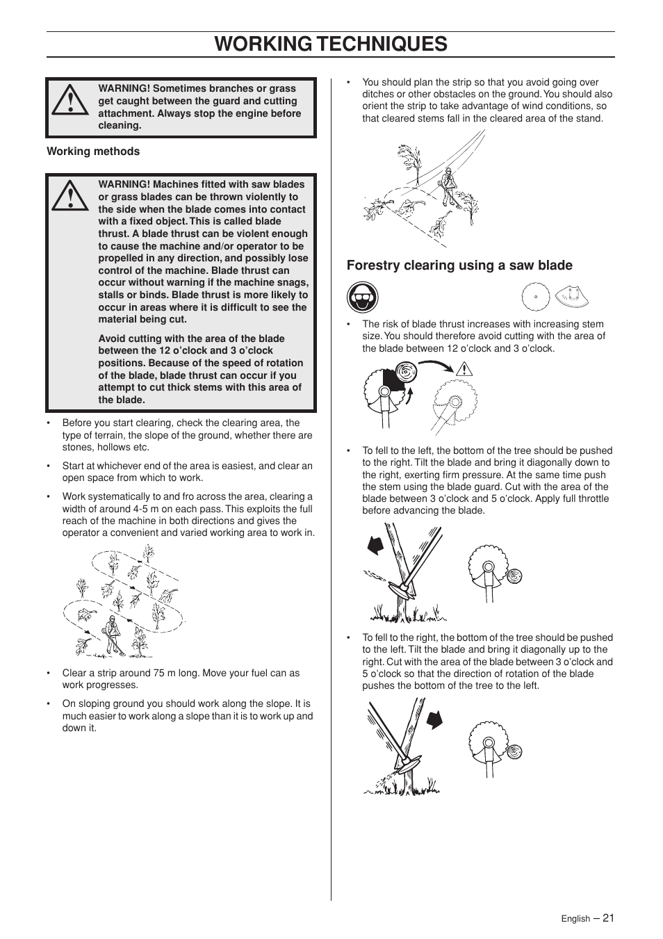Forestry clearing using a saw blade, Working techniques | Husqvarna 335R User Manual | Page 21 / 40