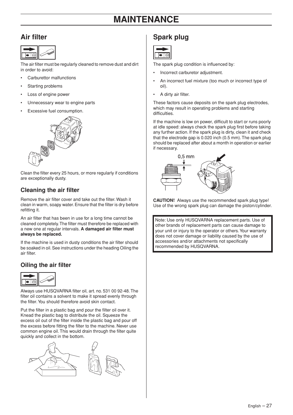 Air filter, Cleaning the air filter, Oiling the air filter | Spark plug, Maintenance | Husqvarna 335R User Manual | Page 27 / 40