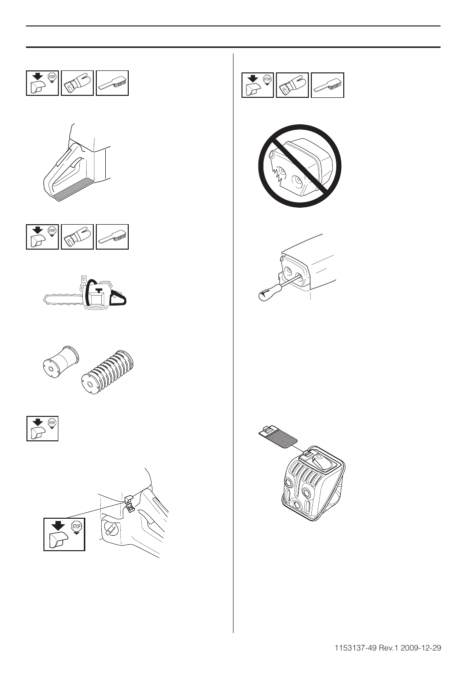 Protección de la mano derecha, Sistema amortiguador de vibraciones, Botón de parada | Silenciador, Mantenimiento | Husqvarna 460 Rancher User Manual | Page 120 / 132