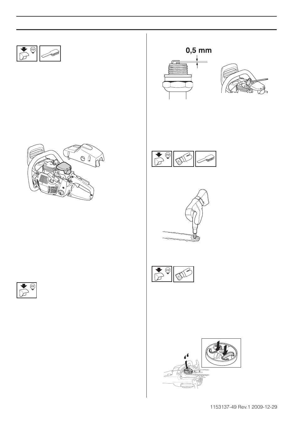 Filtro de aire, Bujía, Engrase del cabezal de rueda de la espada | Lubricación del cojinete de agujas, Mantenimiento | Husqvarna 460 Rancher User Manual | Page 122 / 132