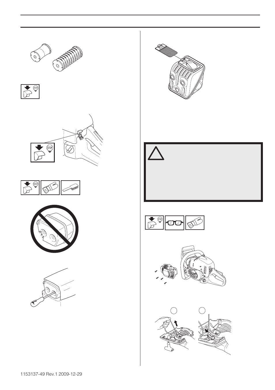 Stop switch, Muffler, Starter | Changing a broken or worn starter cord, Maintenance | Husqvarna 460 Rancher User Manual | Page 35 / 132