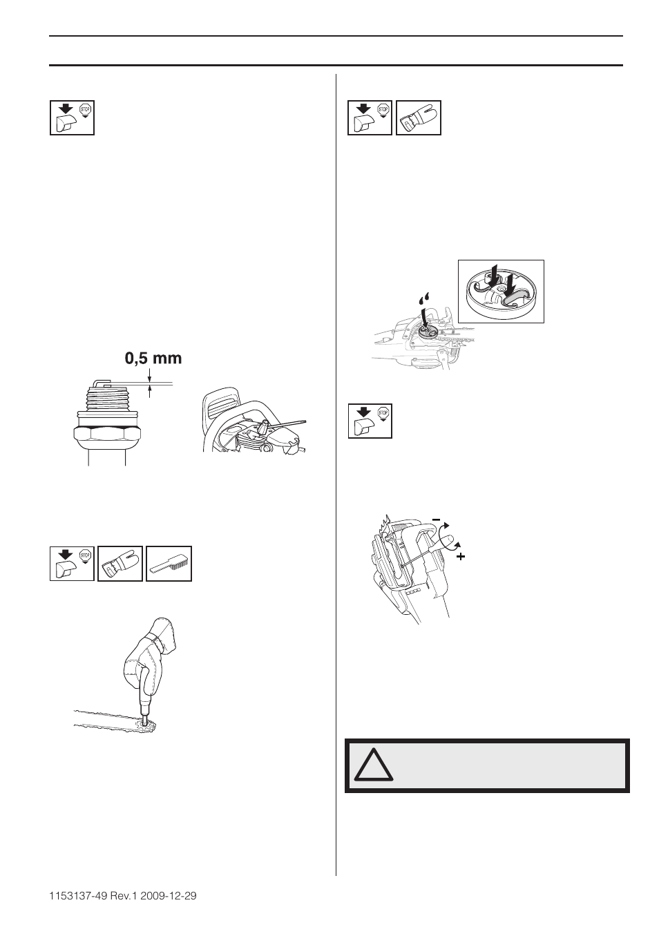 Spark plug, Lubricating the bar tip sprocket, Needle bearing lubrication | Adjustment of the oil pump, Maintenance | Husqvarna 460 Rancher User Manual | Page 37 / 132