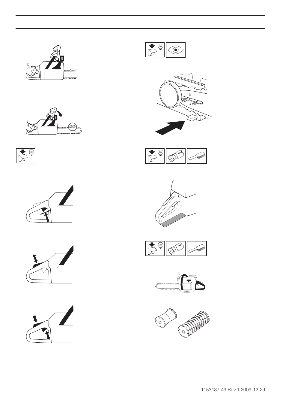Blocage de l’accélération, Capteur de chaîne, Protection de la main droite | Système anti-vibrations, Entretien | Husqvarna 460 Rancher User Manual | Page 76 / 132