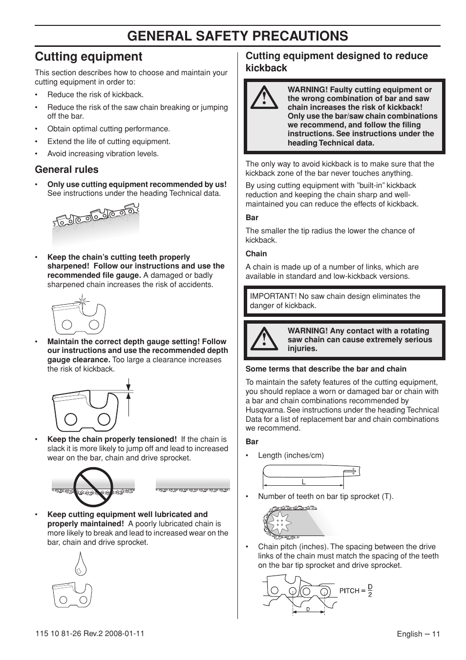 Cutting equipment, General rules, Cutting equipment designed to reduce kickback | General safety precautions | Husqvarna 445 User Manual | Page 11 / 44