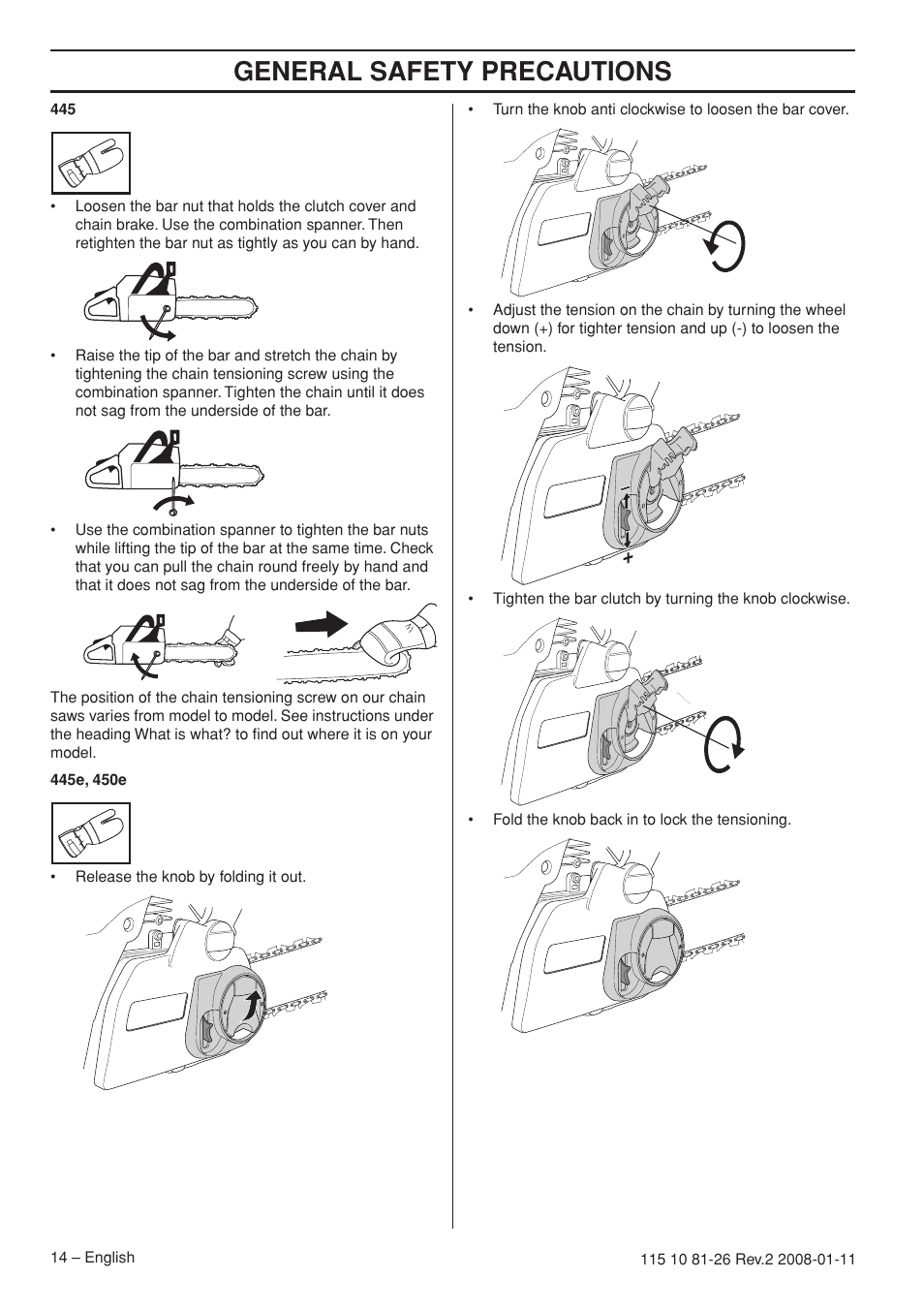 General safety precautions | Husqvarna 445 User Manual | Page 14 / 44