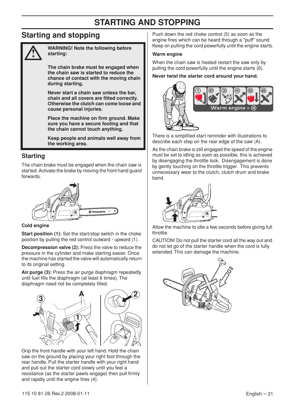 Starting and stopping, Starting, 2a 3 1 | Husqvarna 445 User Manual | Page 21 / 44