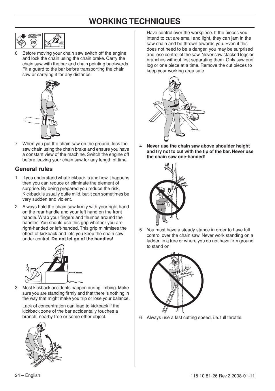 General rules, Working techniques | Husqvarna 445 User Manual | Page 24 / 44