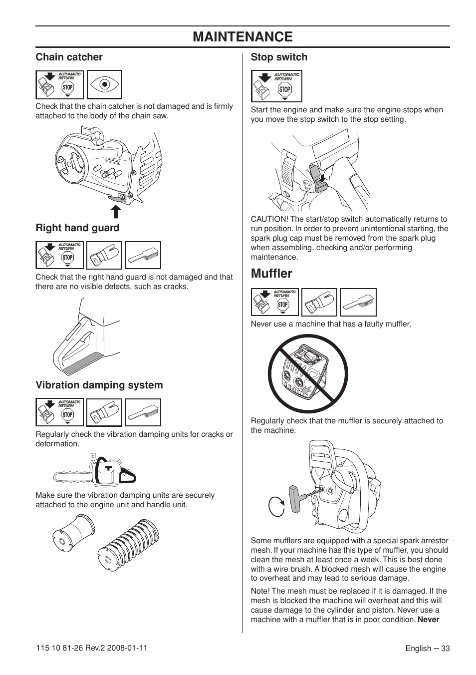 Chain catcher, Right hand guard, Vibration damping system | Stop switch, Muffler, Maintenance | Husqvarna 445 User Manual | Page 33 / 44