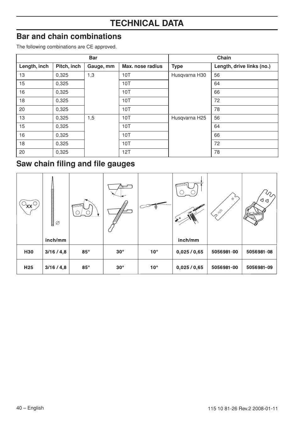 Bar and chain combinations, Saw chain filing and file gauges, Technical data | Husqvarna 445 User Manual | Page 40 / 44
