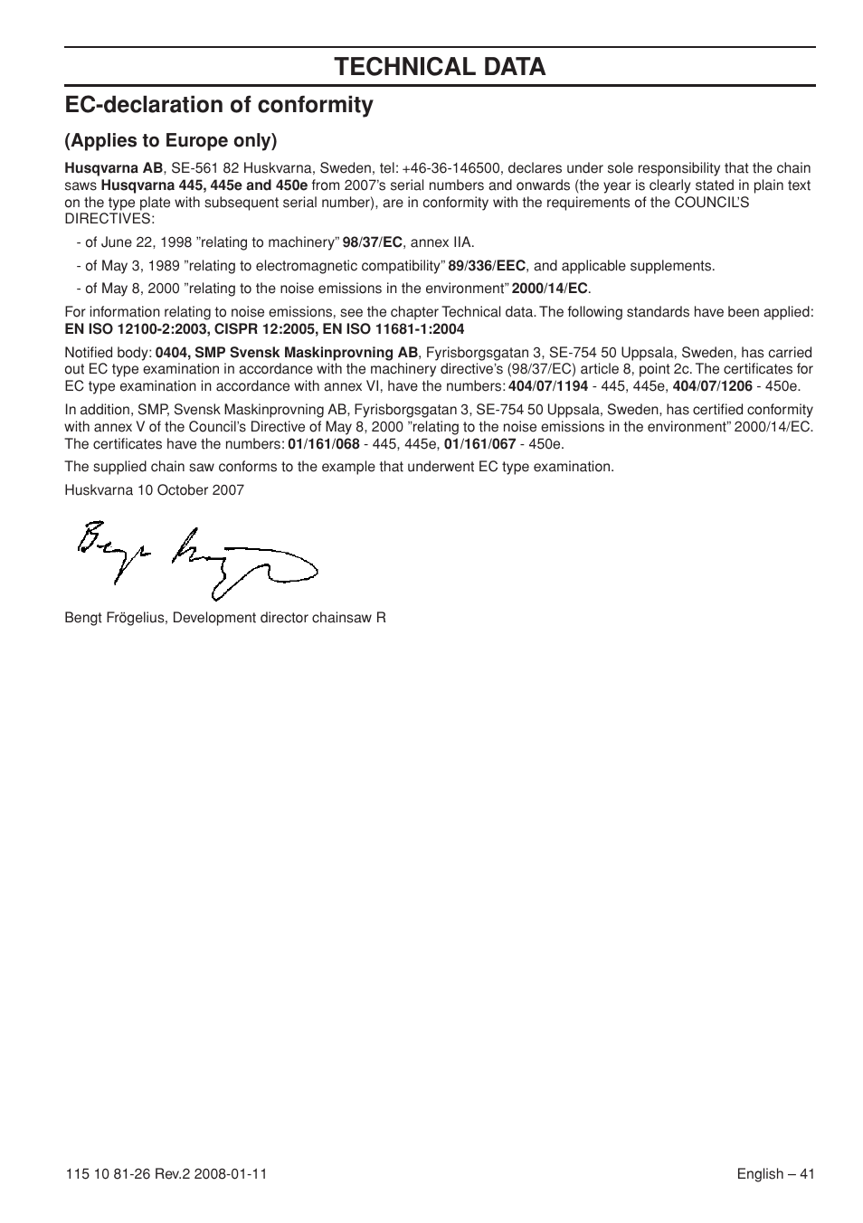 Ec-declaration of conformity, Applies to europe only), Technical data | Husqvarna 445 User Manual | Page 41 / 44