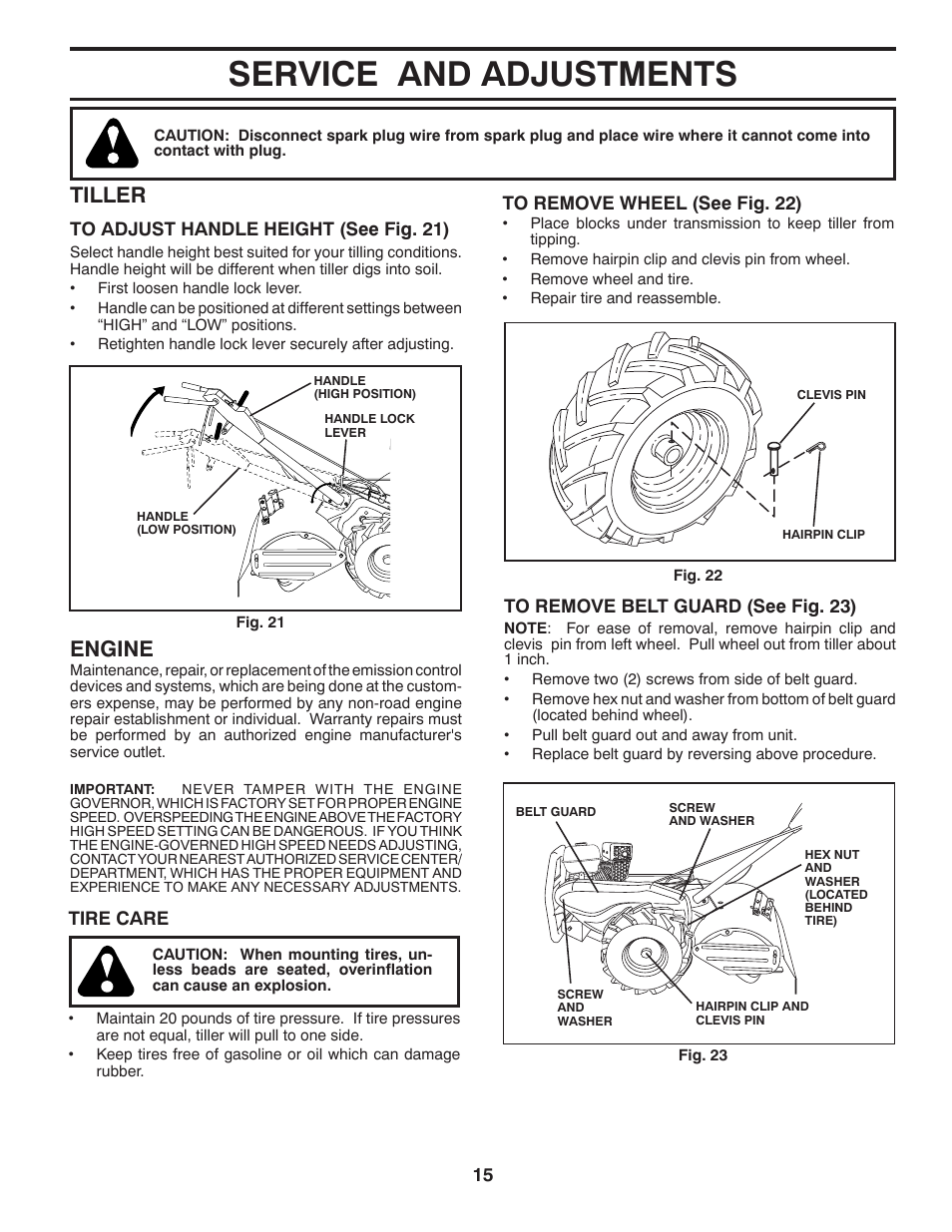 Service & adjustments, Service and adjustments, Tiller | Engine | Husqvarna DRT900 User Manual | Page 15 / 29