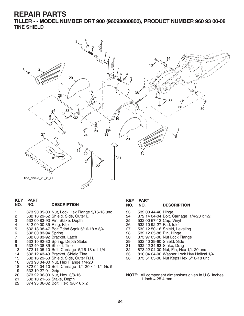 Tine shield, Repair parts | Husqvarna DRT900 User Manual | Page 25 / 29