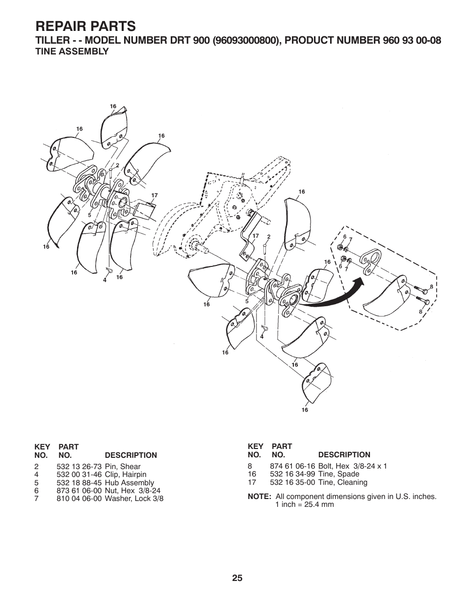 Tine assembly, Repair parts | Husqvarna DRT900 User Manual | Page 26 / 29