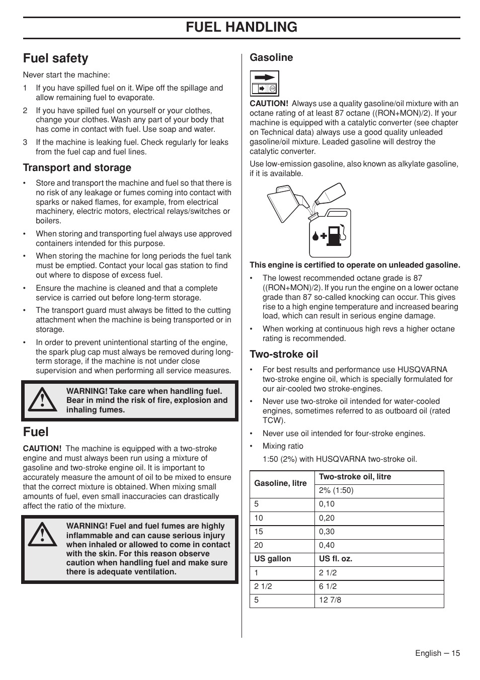 Fuel safety, Transport and storage, Fuel | Gasoline, Two-stroke oil, Fuel handling | Husqvarna 33RJ User Manual | Page 15 / 36