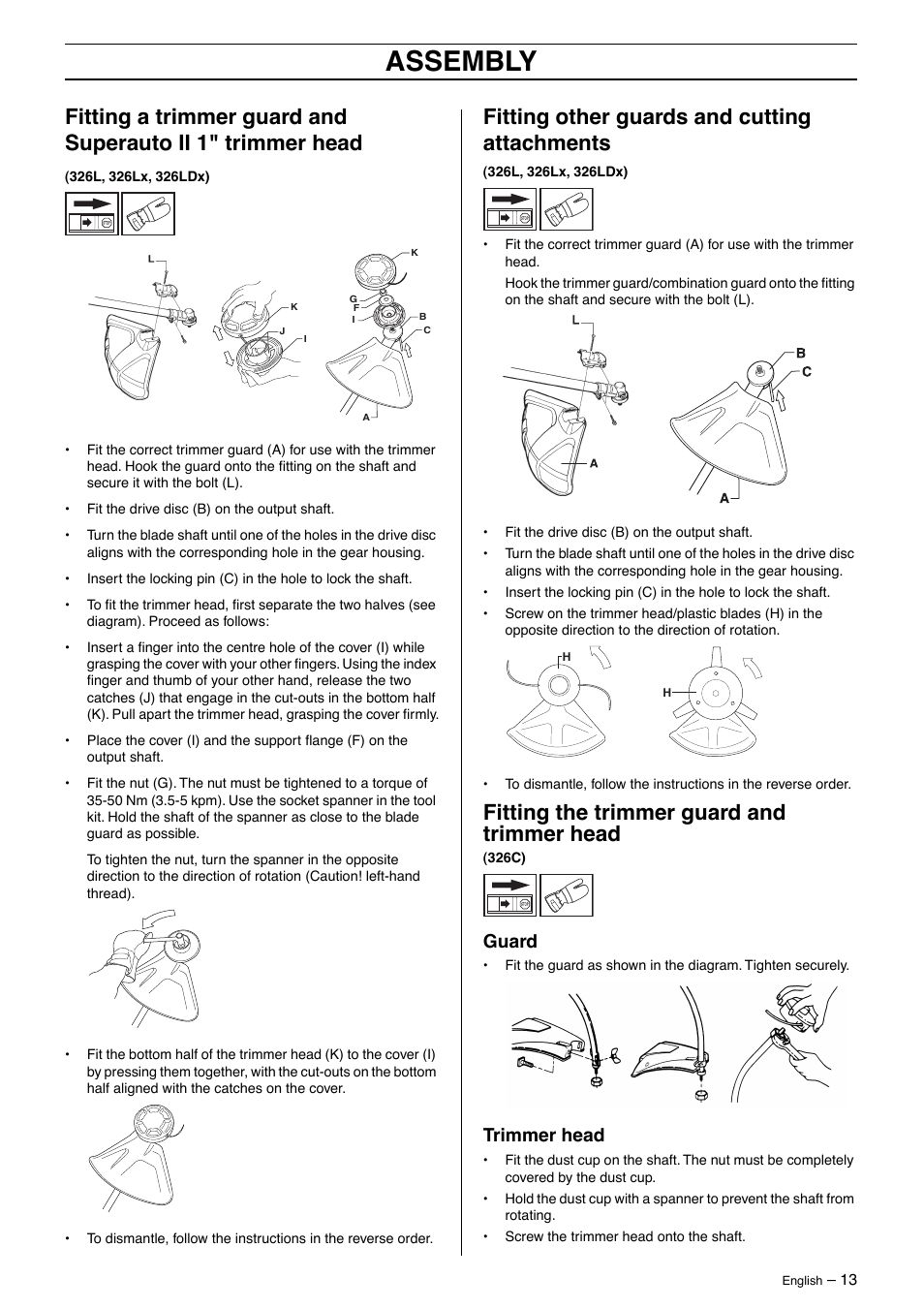 Fitting other guards and cutting attachments, Fitting the trimmer guard and trimmer head, Guard | Trimmer head, Assembly | Husqvarna 326LDX User Manual | Page 13 / 36