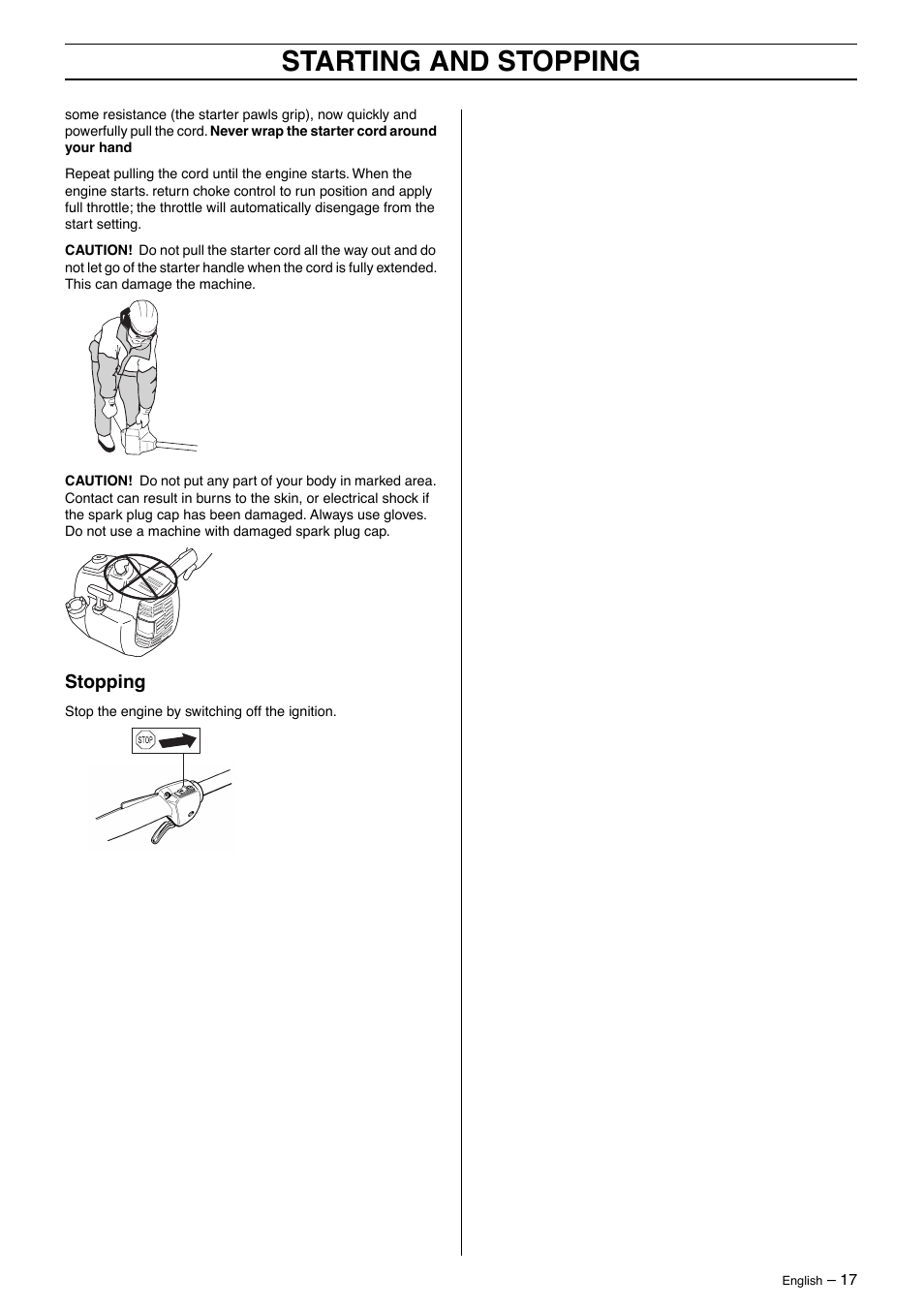 Stopping, Starting and stopping | Husqvarna 326LDX User Manual | Page 17 / 36