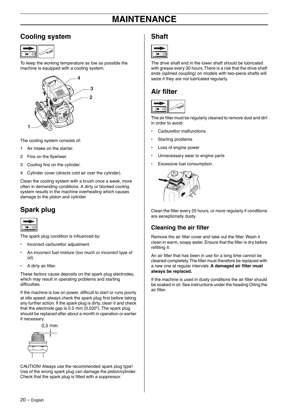 Cooling system, Spark plug, Shaft | Air filter, Cleaning the air filter, Maintenance | Husqvarna 326LDX User Manual | Page 20 / 36