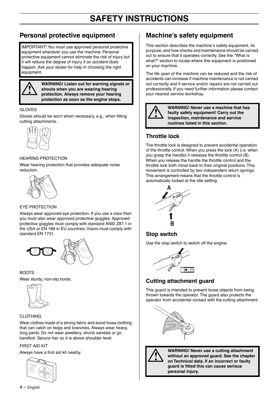 Personal protective equipment, Machine¢s safety equipment, Throttle lock | Stop switch, Cutting attachment guard, Safety instructions, Machine ′′′′ s safety equipment | Husqvarna 326LDX User Manual | Page 4 / 36