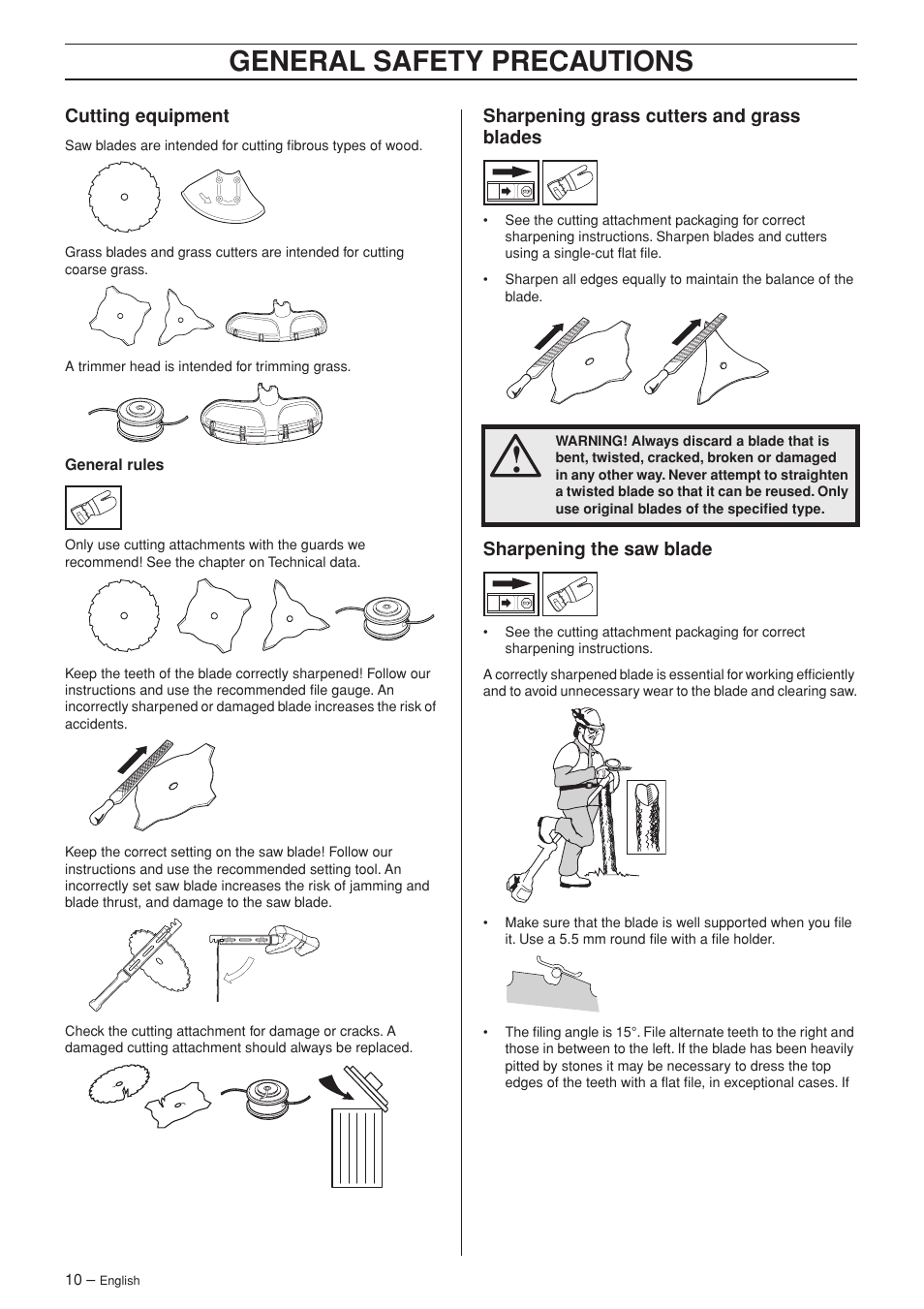 Cutting equipment, Sharpening grass cutters and grass blades, Sharpening the saw blade | General safety precautions | Husqvarna 232R User Manual | Page 10 / 44